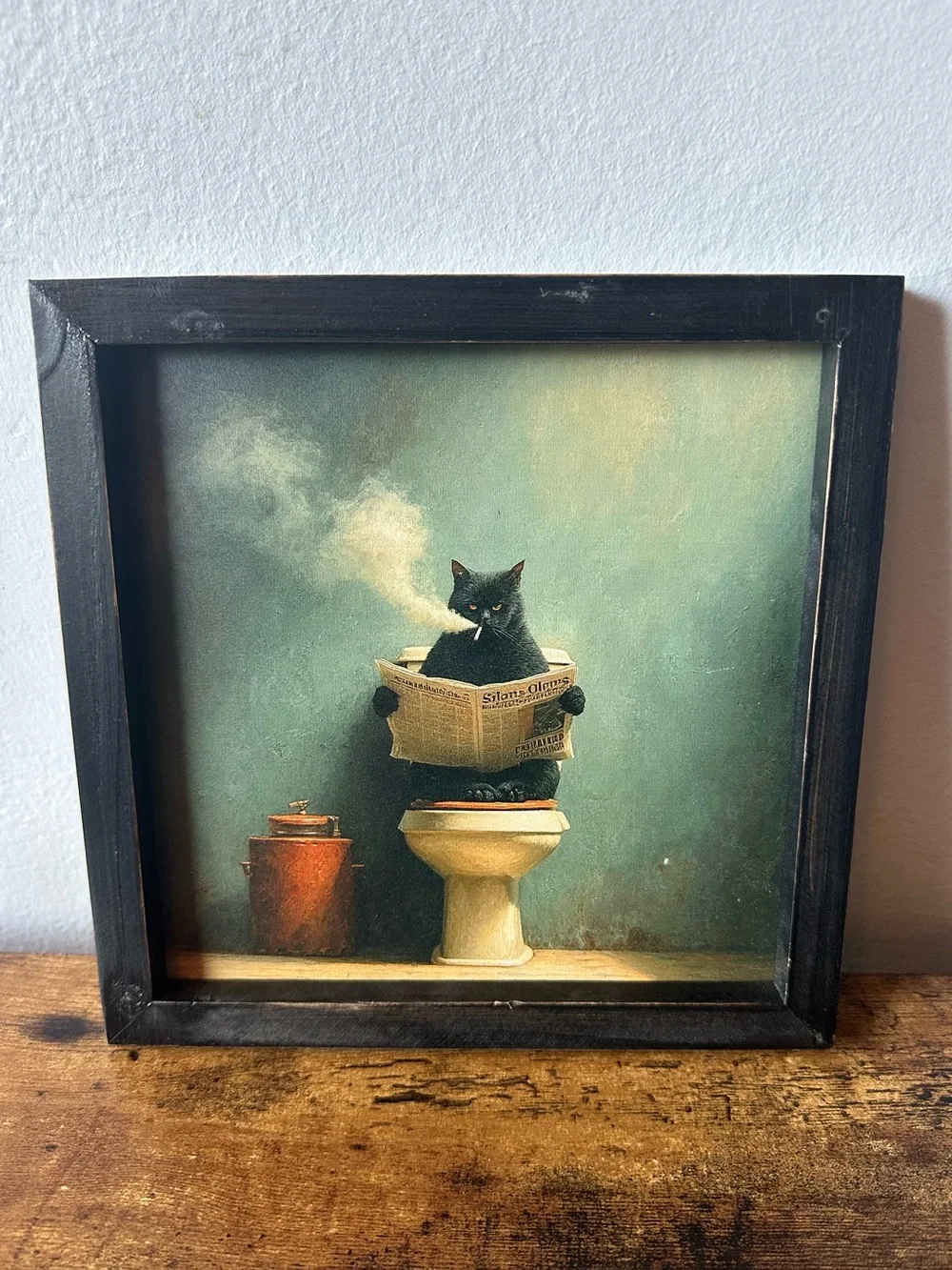 Framed Black Cat on Toilet Smoking Wooden Art Home Decor Green Background NWT